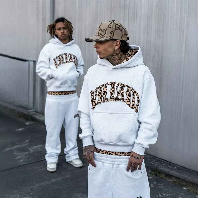 3 Pcs Sportswear Set Y2K Men Women Retro Superior Leopard Patchwork Set American Streetwear Unisex Boxy Casual Couples Apparel