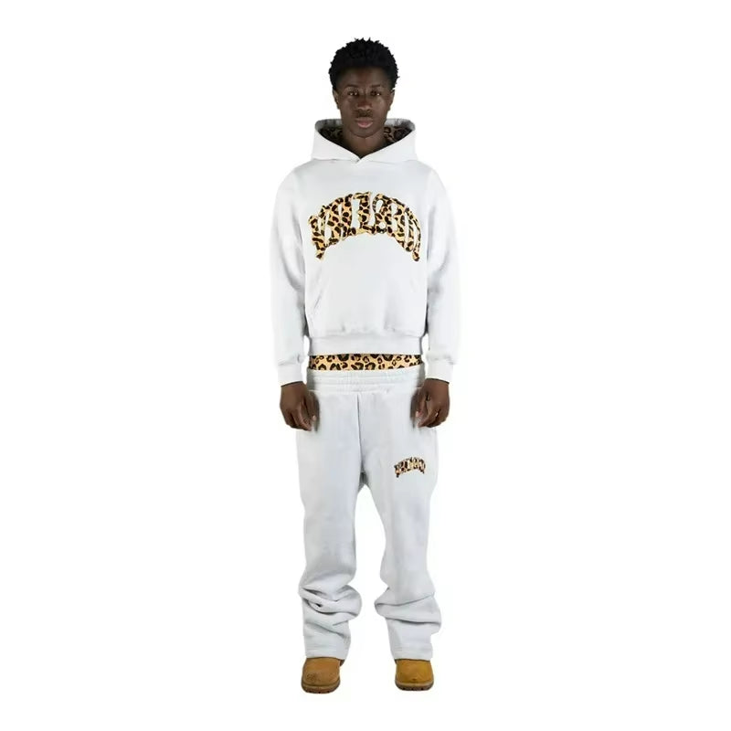 3 Pcs Sportswear Set Y2K Men Women Retro Superior Leopard Patchwork Set American Streetwear Unisex Boxy Casual Couples Apparel