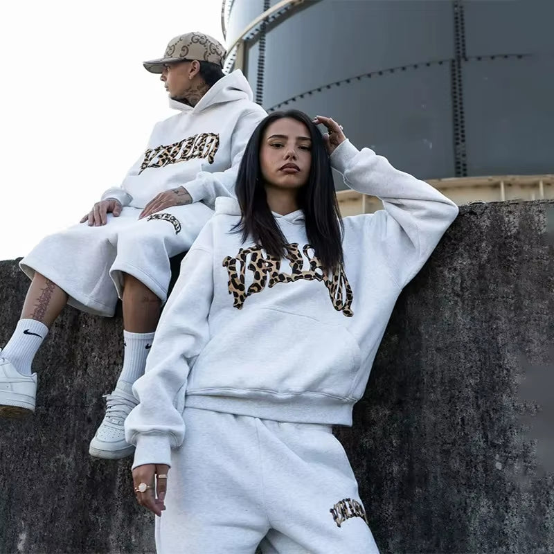 3 Pcs Sportswear Set Y2K Men Women Retro Superior Leopard Patchwork Set American Streetwear Unisex Boxy Casual Couples Apparel