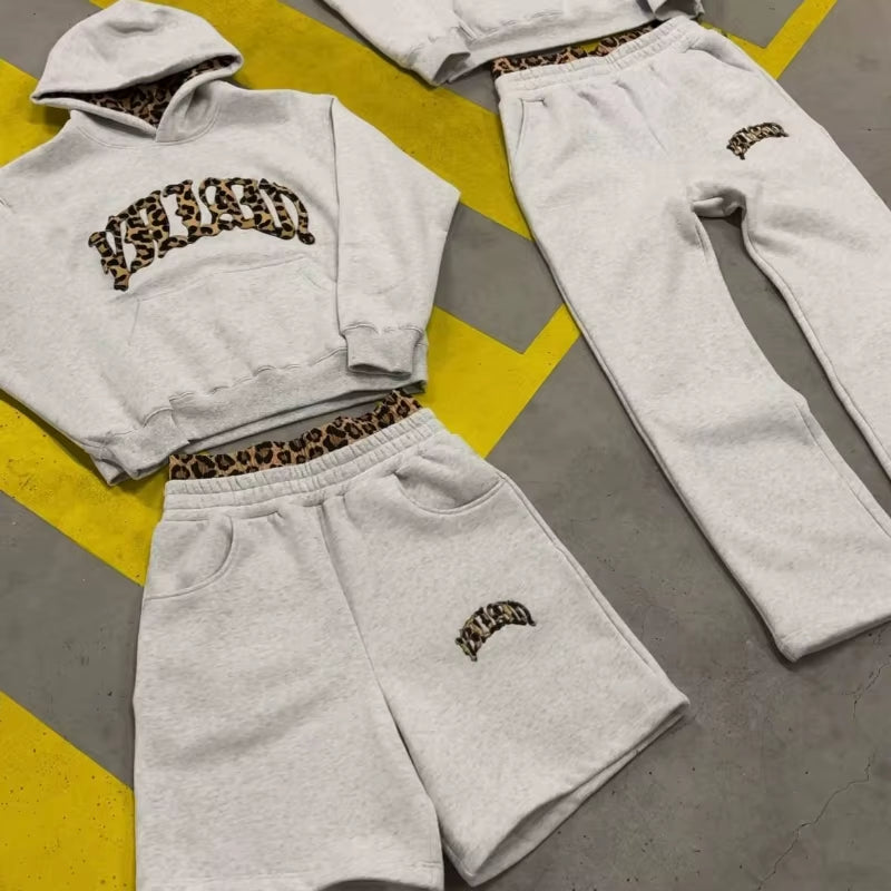 3 Pcs Sportswear Set Y2K Men Women Retro Superior Leopard Patchwork Set American Streetwear Unisex Boxy Casual Couples Apparel